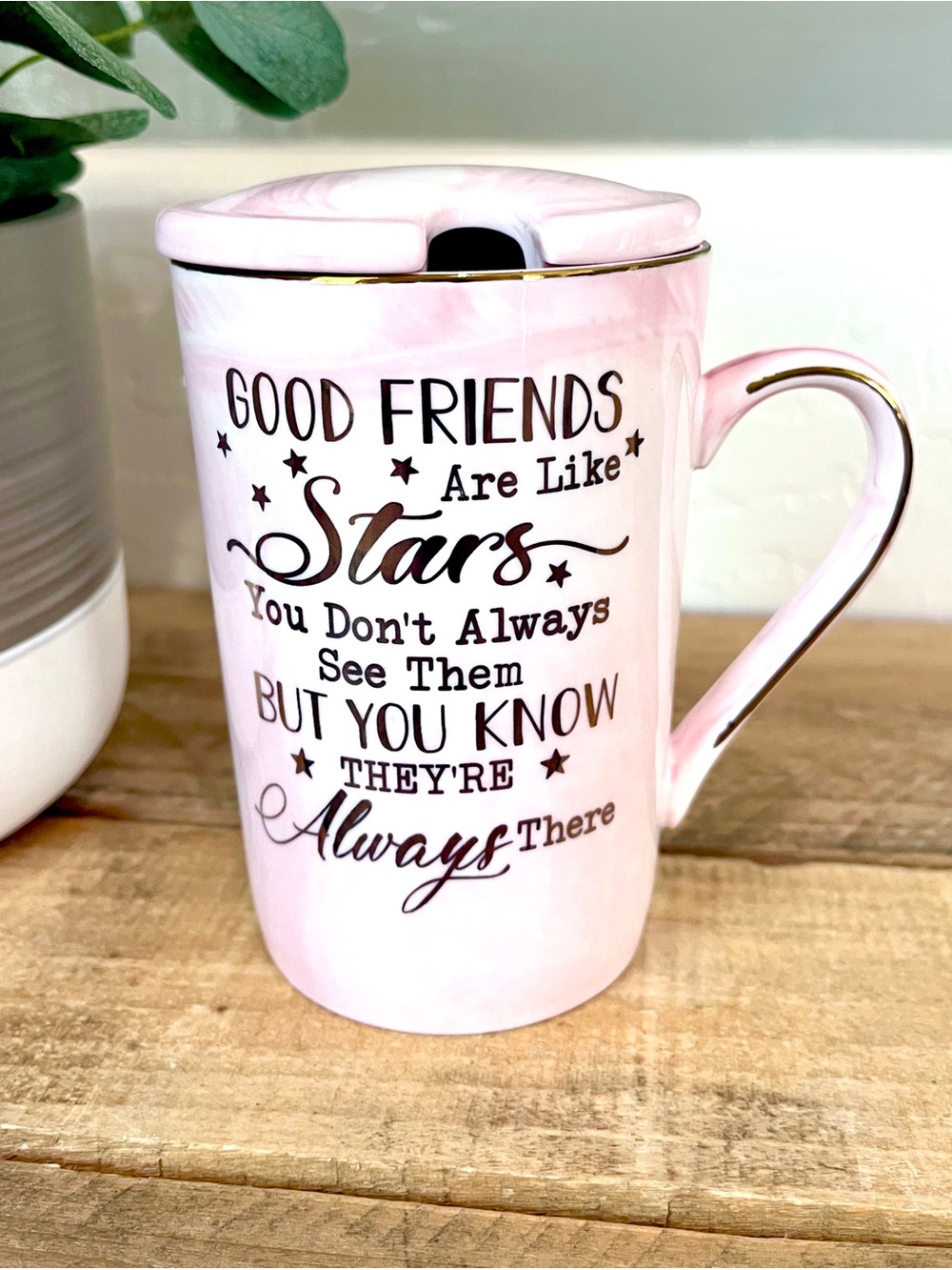 Penny Cai Pink Marble Friends Coffee Mug Ceramic Cup with Notch Lid